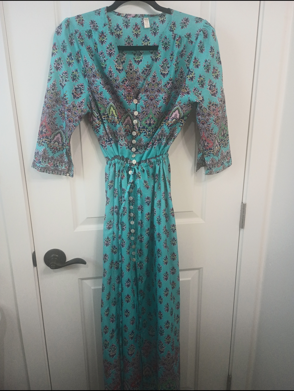 Turquoise Patterned Maxi Dress with Button Front